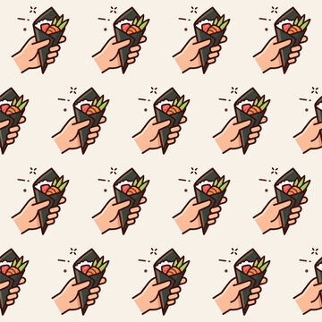 Seamless pattern of hand holding Japanese temaki sushi rolls with salmon and cucumber vector illustration