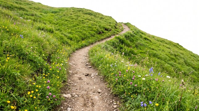 Narrow hiking path winding through a lush green alpine hillside with colorful wildflowers