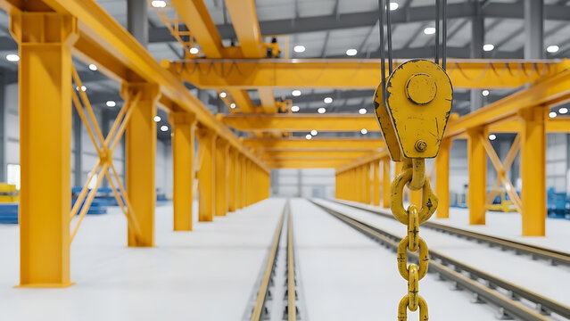 Industrial Overhead Crane System Inside Modern Manufacturing Facility with Heavy Lifting Equipment