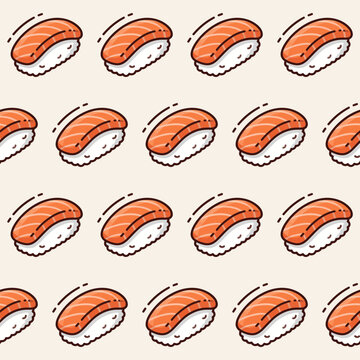 Cartoon style salmon nigiri sushi seamless vector pattern for restaurant branding and food packaging