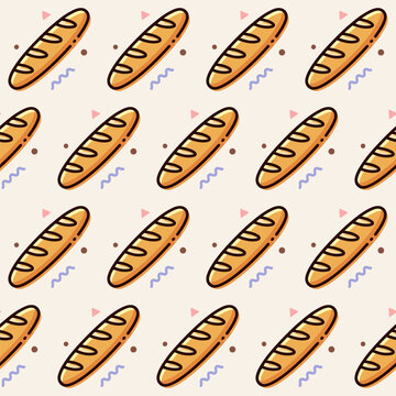 Seamless pattern of French baguette bread loaves with geometric elements in a vector cartoon style for bakery branding