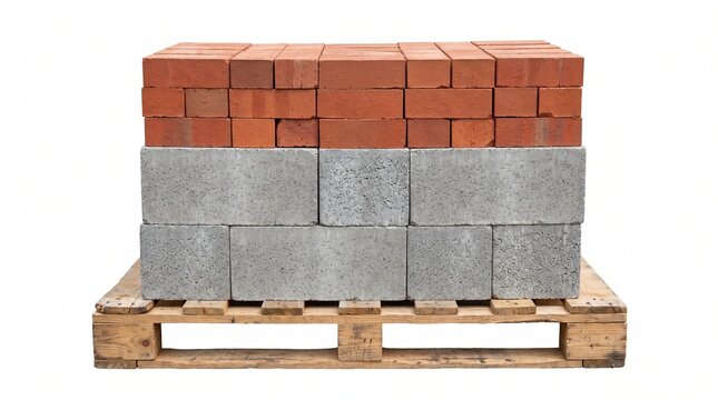 Wooden pallet stacked with concrete blocks and red bricks isolated on white background
