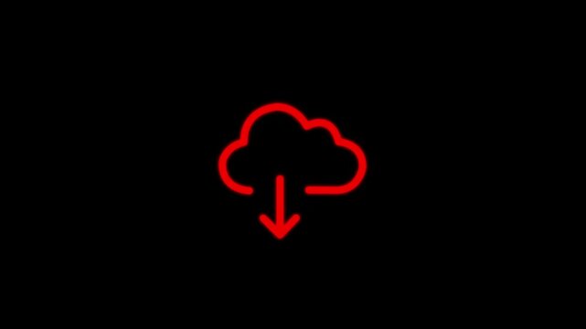 Glowing Red Cloud Download Icon with Downward Arrow on Black Background Animation.