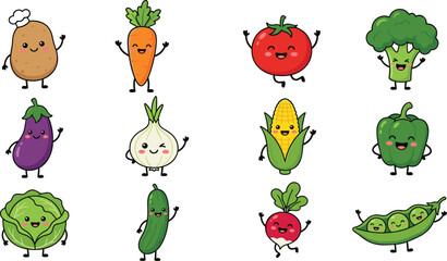 Obraz premium Cute Kawaii Vegetable Character Vector Set with Happy Smiling Faces for Kids Healthy Eating Promotion, Stickers, Nursery Art, and Educational Designs