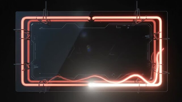 HUD, neon, interface glowing orange inside digital panel against dark background, glowing lines forming cybernetic frame for sci fi display design or virtual reality graphic project.