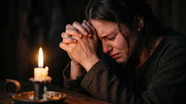 The early church gathered in secret, praying fervently by candlelight while Peter is locked in King Herod's prison