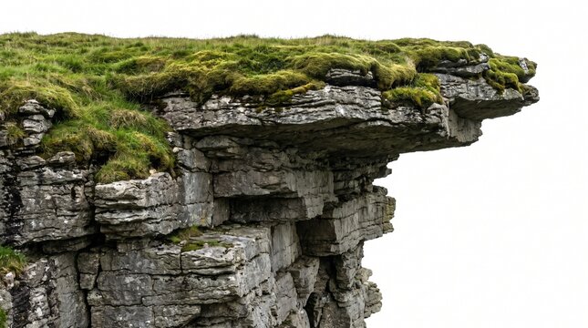 Massive rocky cliff ledge with stratified stone and green grass isolated on white background
