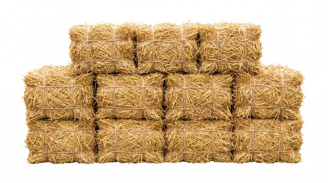 Stacked hay bales tied tightly together isolated on white background for agriculture concept