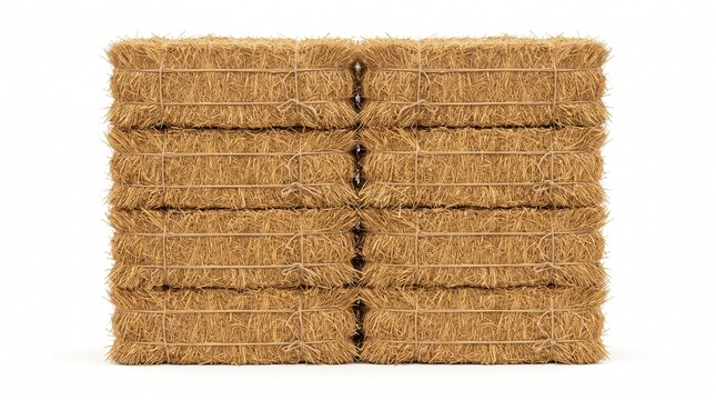 Rectangular hay bales stacked neatly in rows tied with twine isolated on white background