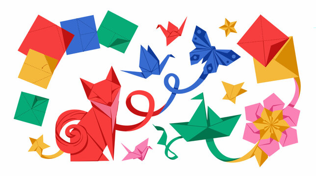 A vibrant and colorful collection of origami paper art, featuring a fox, butterfly, cranes, boat, and stars, showcasing the intricate beauty of paper folding.