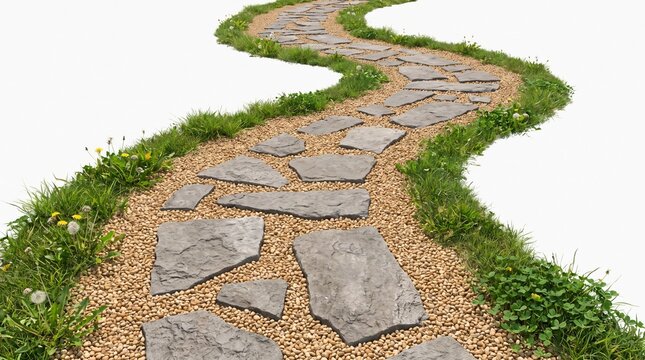 Curved stone path with gravel and lush green grass isolated on white background for design