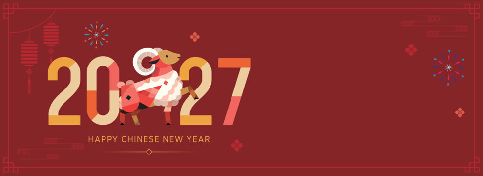 2027 Year of the Goat Chinese New Year Banner with Copy Space and Festive Decorations