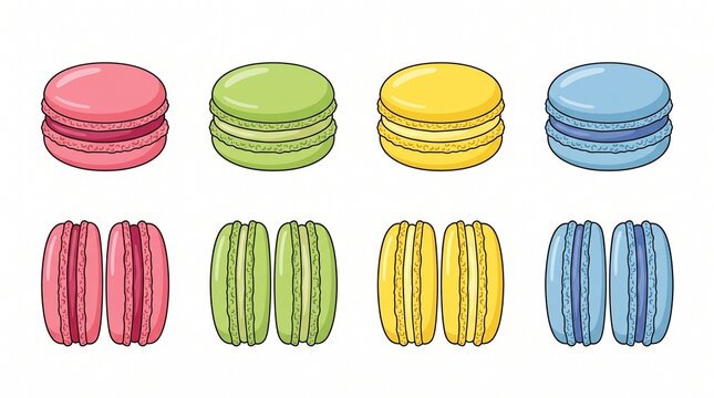 Group of assorted colorful french macarons in a set with meringue colorful culinary delicious collection isolated