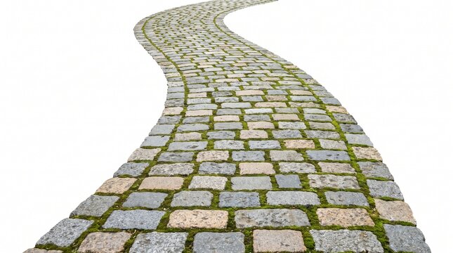 Curving medieval stone block pathway with fresh green moss growing between weathered paving stones