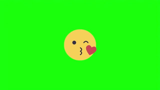 Kissing face emoji with heart yellow circle vector illustration isolated on green screen.   