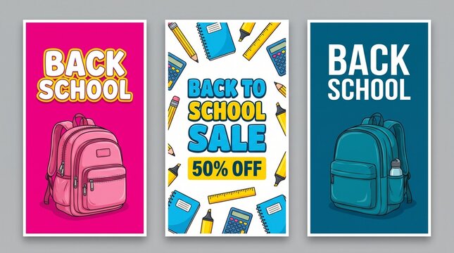 Set of three vertical back to school sale banners with backpacks and educational supplies design