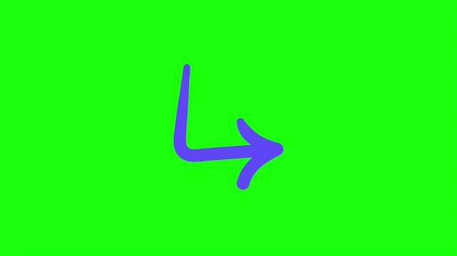Purple curved arrow pointer pointing right vector illustration isolated on bright green screen background.   