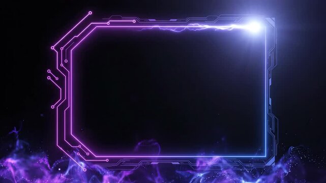 HUD, neon, interface glowing frame shining inside dark cyberspace background, displaying digital cyber technology concept with luminous futuristic design elements floating around display border.