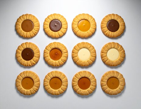 Assorted cookies with different jam fillings arranged in a grid pattern on white background