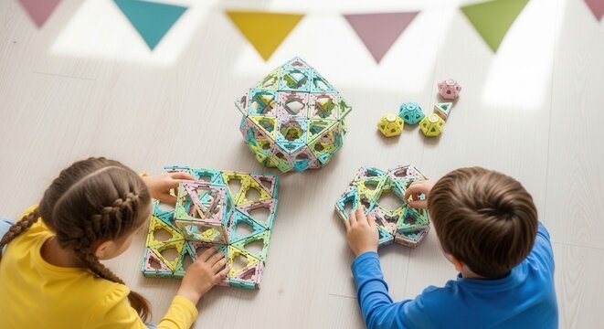 Children Building With Colorful Magnetic Geometric Tiles