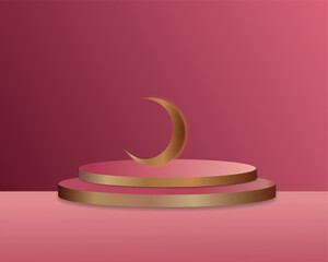Pink and Gold 3D Podium with Crescent Moon for Ramadan Islamic Product Display © Amna