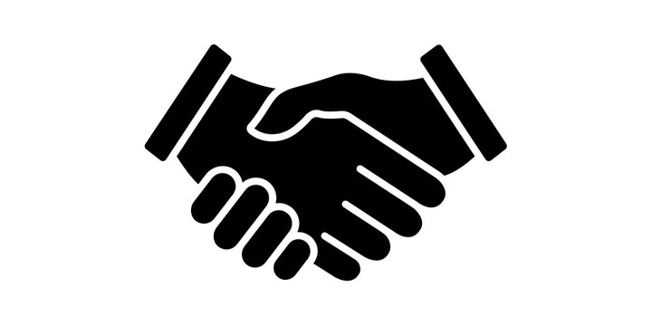 Minimalist handshake icon on white background, black silhouette of two hands shaking, business deal and partnership symbol for corporate branding