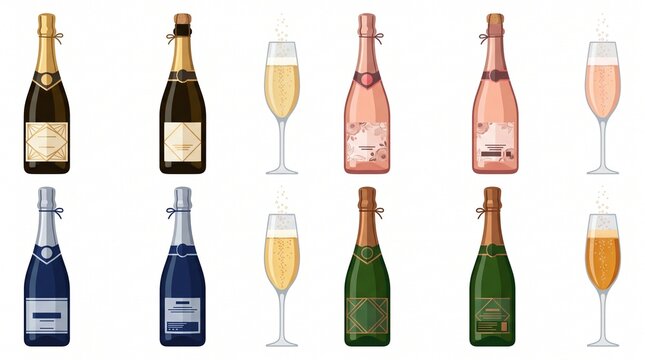 Collection of various sparkling wine and champagne bottles with matching glasses on white background sparkling champagne