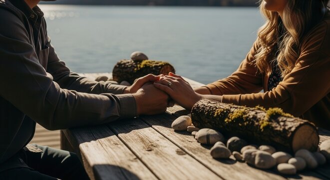 Couple Holding Hands By Lake Nature Connection
