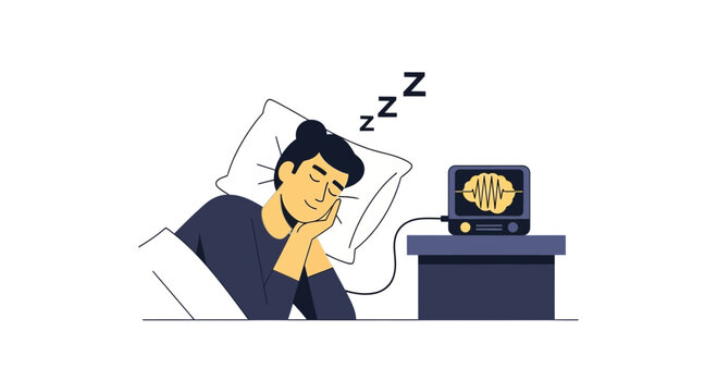 Man Sleeping with Brain Wave Monitor for Medical Sleep Study Illustration - Health Technology and Polysomnography Concept