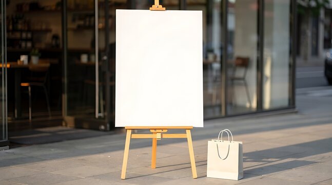 Blank white vertical board mockup on wooden easel stand with shopping bag on sidewalk in front of a modern cafe or retail store entrance for advertising and promotion display during daylight