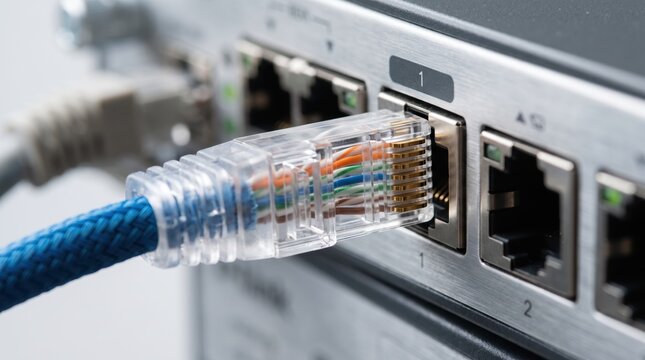 Close up of blue ethernet cable plugged into network switch port, high speed internet connection, server room technology, data transfer, telecommunications concept