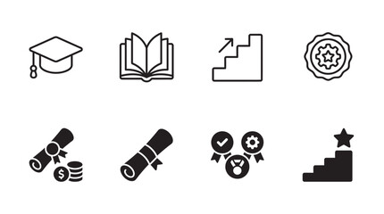 Fototapeta premium Educational and achievement icons depicting graduation and career progression with education graduation achievement