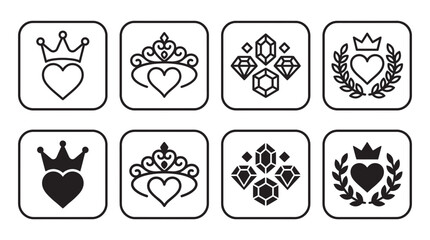 Fototapeta premium Set of luxury crown heart and gemstone icons in outline and solid black styles with gemstone princess precious