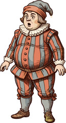 Obraz premium Surprised Jester in Colorful Costume: A plump jester with a startled expression wears a vibrantly striped costume and a jester's hat, showcasing a classic theatrical character.