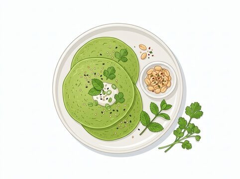 Healthy green spinach pancakes topped with cream and herbs served on a plate with dipping sauce vector illustration.