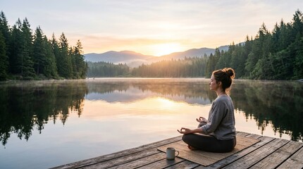Fototapeta premium Woman meditating peacefully by a serene lake at sunrise surrounded by pine trees.