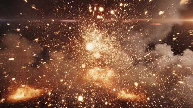 画面に向かって激しい炎と火花が迫り来る迫力満点の一人称視点での大爆発のCG映像