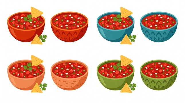 Set of colorful bowls containing spicy salsa dip served with tortilla chips tex mex tortilla appetizer vegetable