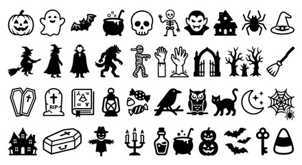 Fototapeta premium Minimalist Halloween Festival Icon Set – Bold Black Vector Symbols