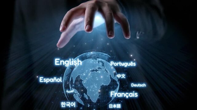 A hand extends toward a glowing globe featuring various languages, symbolizing global communication and connection in a modern digital landscape. Qubit