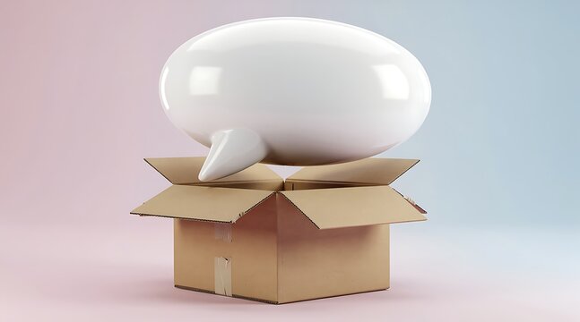 Glossy white 3D speech bubble icon floating above an open cardboard box on a soft pink and blue gradient background, symbolizing concepts of unboxing ideas, feedback, and open communication.