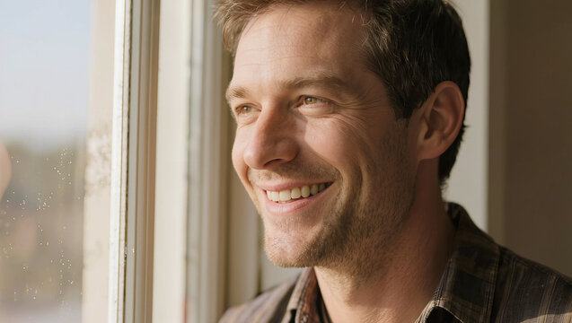 Happy middle aged man smiling by sunlit window, contentment wellbeing and positive lifestyle concept with copy space for text