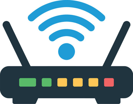 Wireless router vector icon illustration, modern flat design featuring a WiFi router with three antennas and blue signal waves for technology, internet connectivity, networking and communication.