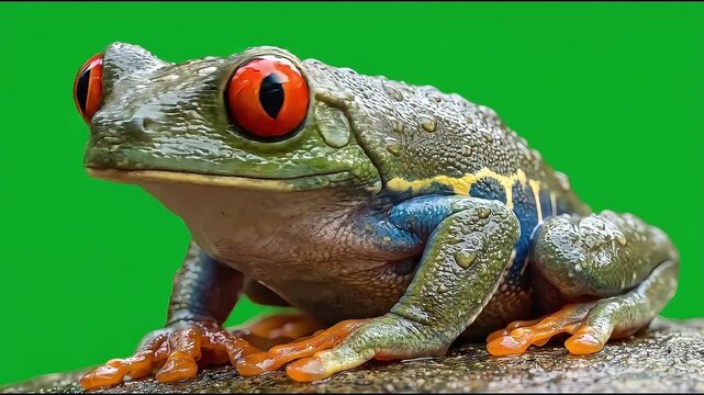 Cinematic video clip of red eyed tree frog on green background for chroma key editing