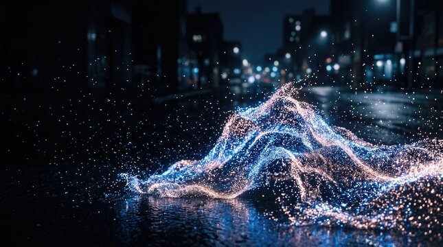 Splashing water wave with glowing blue and orange light at night street