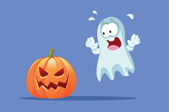 Scared Ghost Flying Away From Spooky Halloween Carved Pumpkin. Frightened cartoon phantom screams in terror near orange jack o lantern holiday decoration 