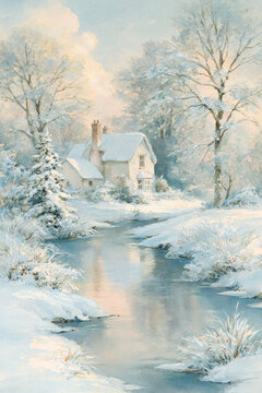 Watercolor painting depicting a cozy cottage nestled in a snow covered winter landscape, with a flowing stream and frosted trees