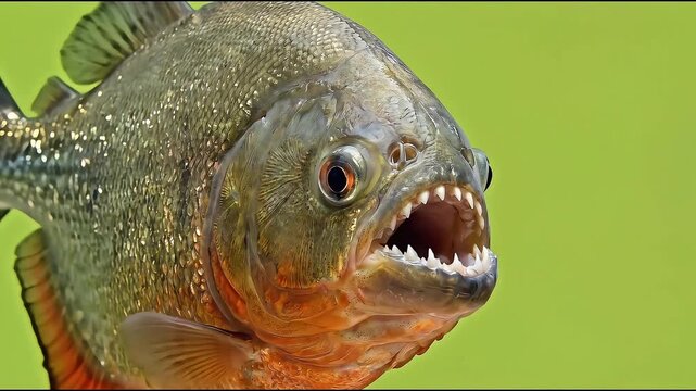 Close up footage of a piranha fish with sharp teeth showing mouth on green screen background.