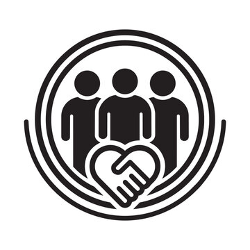 Community Care and Partnership Vector Icon with People Figures and Heart Handshake Symbol
