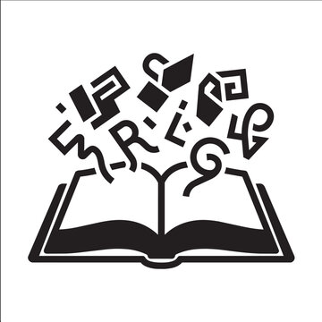 Black and White Vector Icon of an Open Book with Flying Abstract Letters and Geometric Symbols